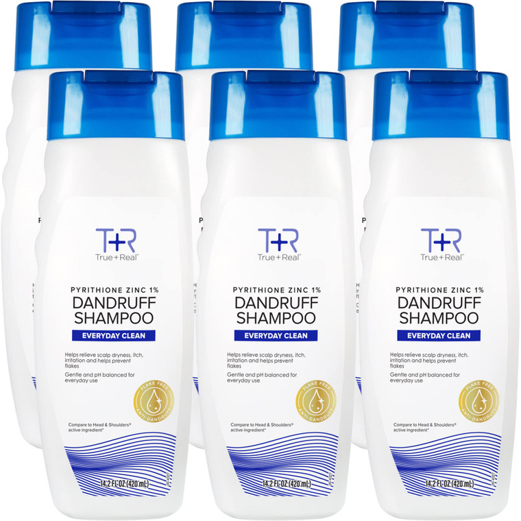 True+Real Classic Everyday Clean Anti-Dandruff Shampoo, Pyrithione Zinc 1%, Daily Use Scalp Care for All Hair Types, 14.2 Fl Oz, 6 pk