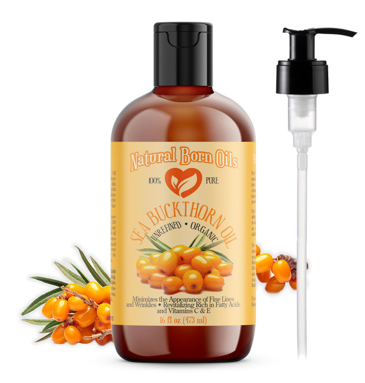 Natural Born Oils 16oz Sea Buckthorn Oil, 100% Pure and Natural, Organic, Cold-pressed, Unrefined, Revitalizing, Includes Pump & Dropper 16-Sea-Buck