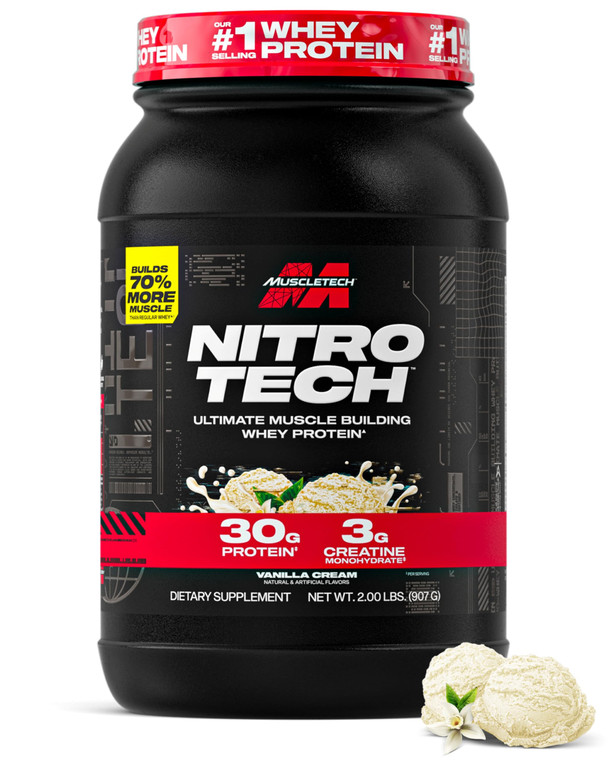 Muscletech Whey Protein Powder (Vanilla Cream, 2.2 Pound) - Nitro-Tech Ultimate Muscle Building Formula with Whey Protein Isolate - 30g of Protein, 3