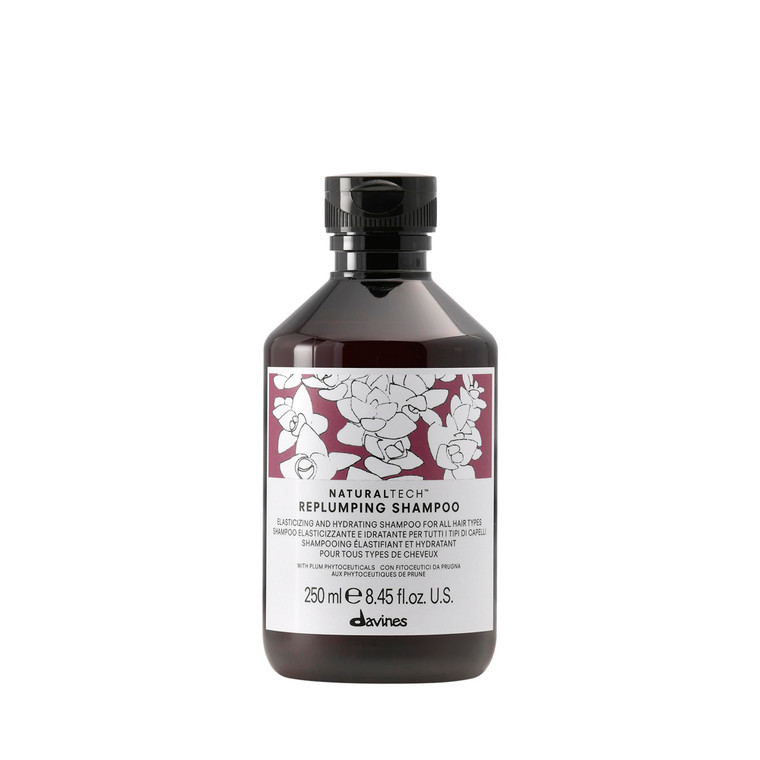 Davines Naturaltech Replumping Shampoo, Moisturizing for Fine Hair Lacking Elasticity - With Plum Phytoceuticals - Gentle Cleanser Adds Elasticity, 8