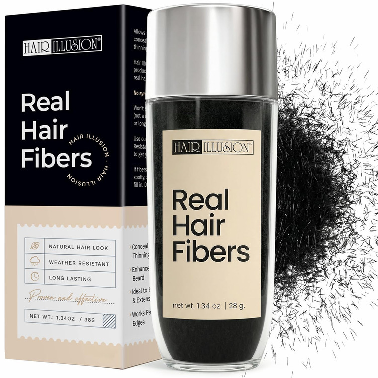 Hair Illusion Black Real Hair Fibers for Thinning Hair - 100% Natural Texture, Non Synthetic Hair Fibers - Bald Spot Cover Up for Women & Men - 38 Gr