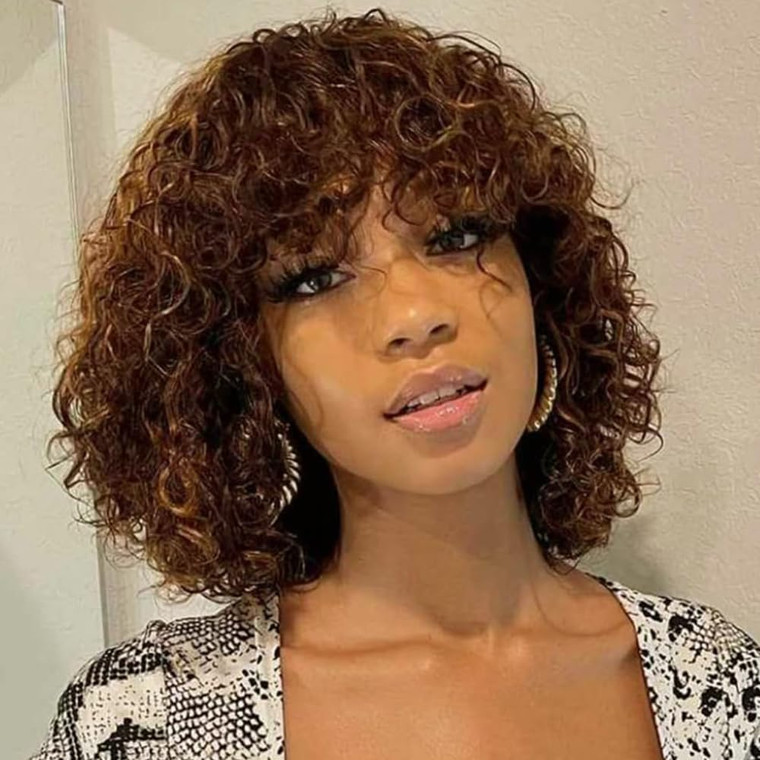 Spotlight Short Kinky Curly Wigs 10 inch Bob Loose Wave Human Hair Wigs for Women Brazilian Virgin Human Hair Wigs with Bangs 180% Density Natural Lo
