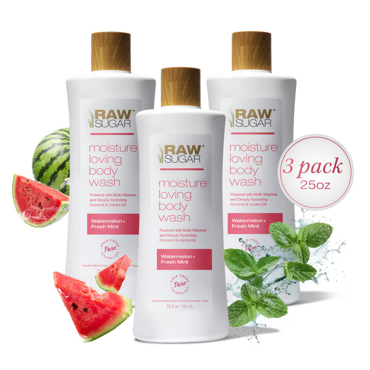 RAW SUGAR Watermelon Mint Refresh Gentle & Hydrating Body Wash, 20 Fl Oz (Pack of 3), Moisturizing & Refreshing Bath & Shower Gel, Vegan, Formulated