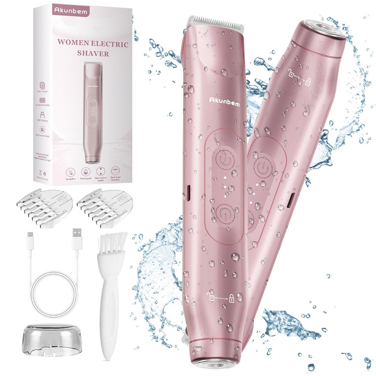 Akunbem Bikini Trimmer for Women - 2 in 1 Electric Razors for Women - Dual Head Electric Shaver - IPX7 Waterproof Wet & Dry Use Body Hair Trimmer and