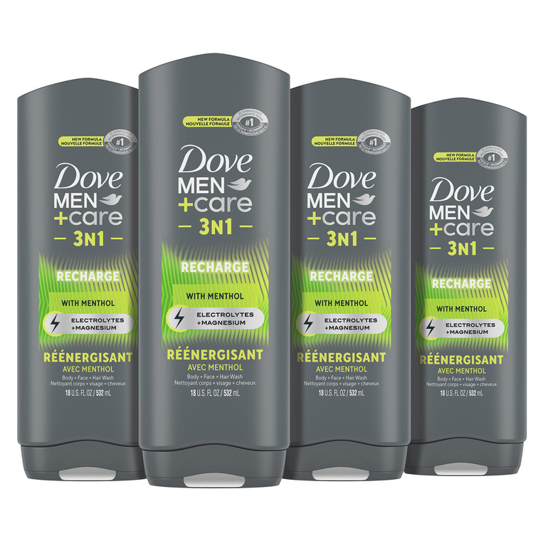 DOVE MEN + CARE Post-Workout Body Wash 3N1 Recharge 4 Count For Men With Menthol, 18 oz