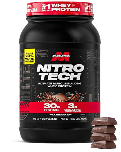 Muscletech Whey Protein Powder (Milk Chocolate, 2 Pound) - Nitro-Tech Ultimate Muscle Building Formula with Whey Protein Isolate - 30g of Protein, 3g