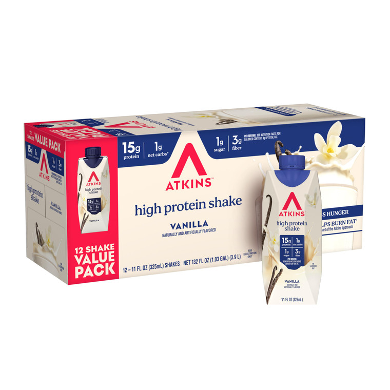 Atkins Vanilla High Protein Shake, 15g Protein, Low Glycemic, Low Carb and Low Sugar Protein Shakes, Keto Friendly Ready to Drink Shakes, 12 Vanilla