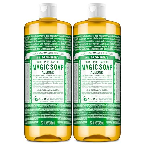 Dr. Bronner's Pure-Castile Magic Liquid Soap (Almond, 32 Ounce, 2-Pack)- Made with Regenerative Organic Certified Oils, 18-in1 Uses: Face, Hair, Hand