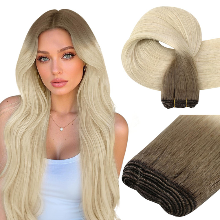 Easyouth Weft Hair Extensions Human Hair Ombre Hair Extensions Sew in Balayage Ash Brown Fading to Platinum Blonde Sew in Hair Extension Real Human H