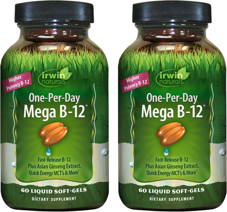 Irwin Naturals One-Per-Day Mega B-12 1,500mcg High Potency Methylcobalamin Vitamin - Fast Enhanced Absorption with MCT + Asian Ginseng - Natural Ener