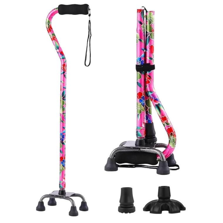 Floral Quad Cane for Women, Adjustable Walking Canes with 3-in-1 Interchangeable Base(3 Tips) for Versatile Support, Stylish & Stable Mobility Aid fo
