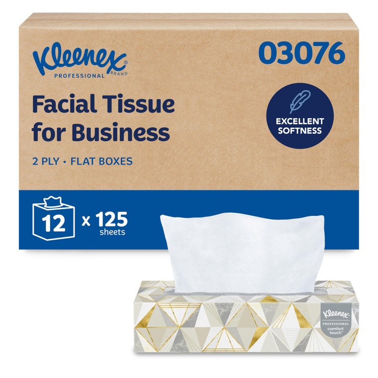 Kleenex® Professional Facial Tissue, Bulk (03076), 2-Ply, White, Flat Facial Tissue Boxes for Business, Convenience Case (125 Tissues/Box, 12 Boxes/C