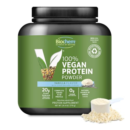 Biochem Vegan Protein Powder, 20g Pure Plant-Based Protein per Serving, Organic Pea, Hemp & Cranberry, Soy-Free, Gluten-Free, Vanilla, 1.5 lb