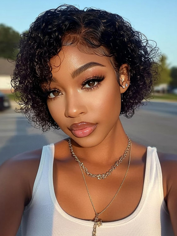 KLAIYI Short Bob Curly Wig with Bangs Human Hair Pixie Cut Wig Bouncy Curls Wear and Go Glueless Wigs for Black Women Brazilian Hair No Lace Front Af
