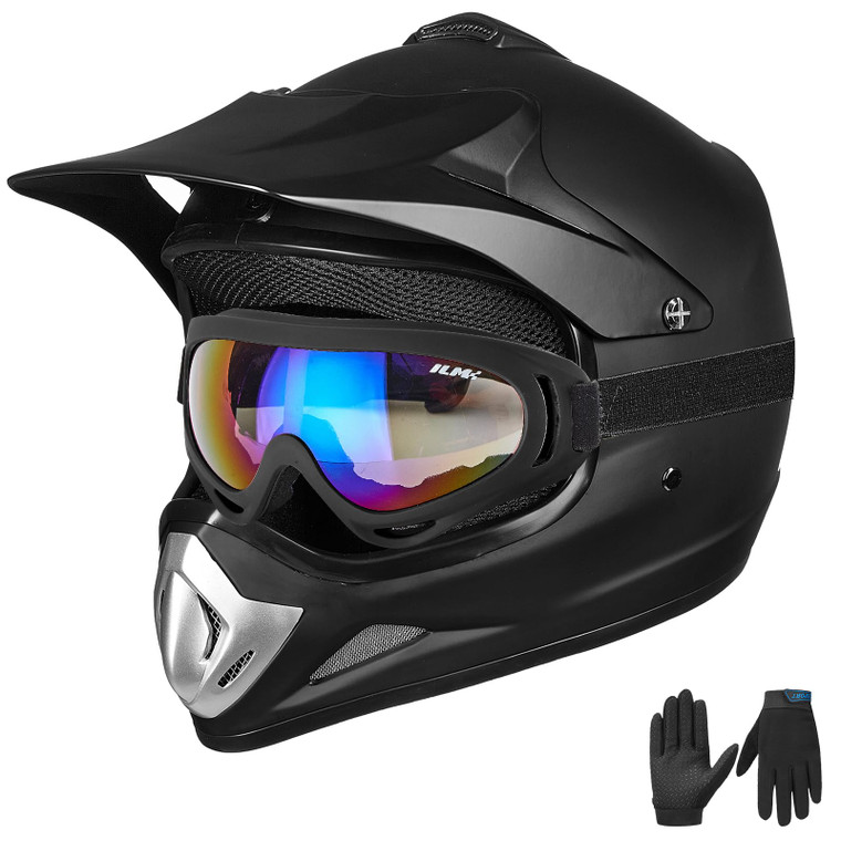 ILM Youth Kids Dirt Bike Helmet ATV Motocross DOT Off-Road Street Helmet Goggles Gloves Full Face Protective Helmet Model BLD-818(Matte Black,Youth-L