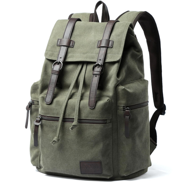 MOYYI Vintage Canvas Backpack for Men Olive Green Rucksack Fit 15.6 inch Laptop Retro Flap Daypack for Casual Hiking Travel Commute