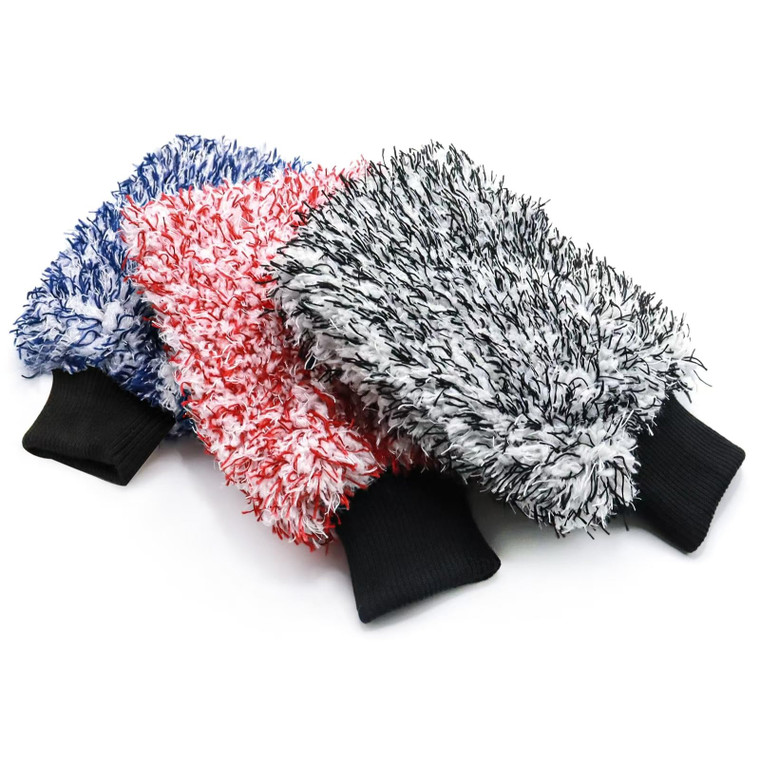Pushaccas Microfiber Car Wash Mitt - 3 Pack Scratch Free Mitts with Blue, Red and Black, Machine Washable, Lint Free, 10 Inch X 8 Inch Glove