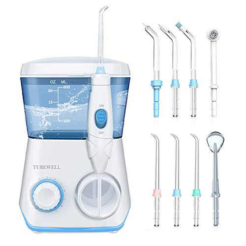 TUREWELL Water Flossing Oral Irrigator, 600ML Dental Cleaner 10 Adjustable Pressure, Electric Oral Flosser for Teeth/Braces, 8 Replacement Jet Tips f