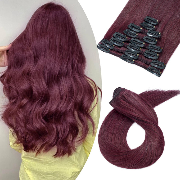 Clip in Remy Hair Extensions Human Hair Wine Red for Women 16 inch 65g Light Long Seamless Clip on Real Hair Skin Weft Rooted Clips Hairpiece 8pcs We