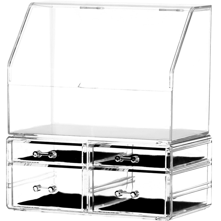 Celar Makeup Organizer With With Lid,Dustproof Waterproof Design Make up Organizer for Bathroom Countertop,4 Drawers Acrylic Skincare and Cosmetic St