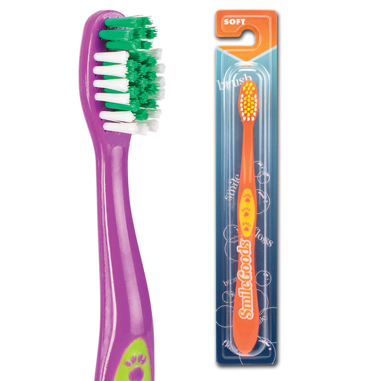 Practicon SmileGoods Y331 Child Toothbrush, Soft, Paw Print Grip, Individually Packaged Toothbrushes, Assorted Colors, Bulk Pack of 72