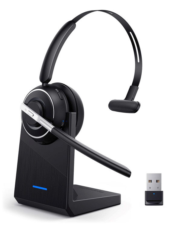 Bluetooth Headset, Wireless Headset with Microphone for PC, V5.2 Computer Headset with Noise Cancelling Mic, USB Dongle, Charging Base & Mute Button
