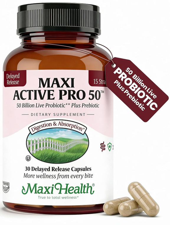 Maxi Health Probiotic Plus Ultimate Prebiotic Advanced Live Probiotics Formula - 50 Billion Live Active Probiotic - 15 Strains - Ultra Protection - A