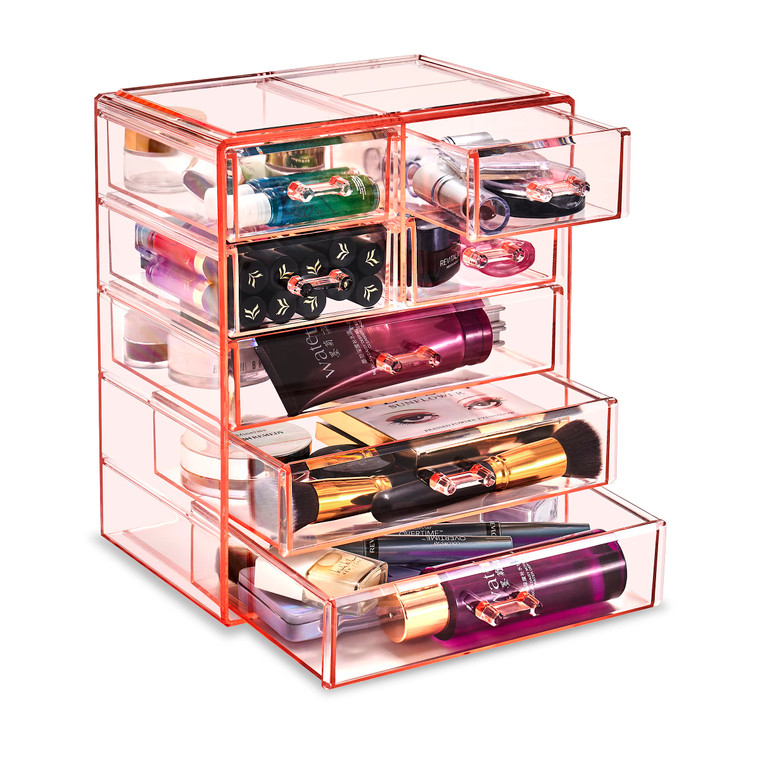 Sorbus Acrylic Makeup Organizer Set, 7-Drawer Vanity & Countertop Cosmetic Storage with Small & Wide Drawers, Pink Makeup Storage for Brushes, Lipsti