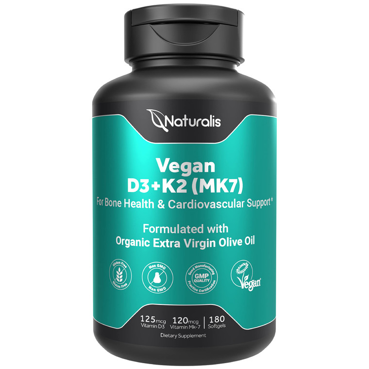 Naturalis Vegan Vitamin D3 + K2 with Extra Virgin Olive Oil | 5000iu Vitamin D with 120mcg MK7 Vitamin K | Better Support for Bone & Immune Health |