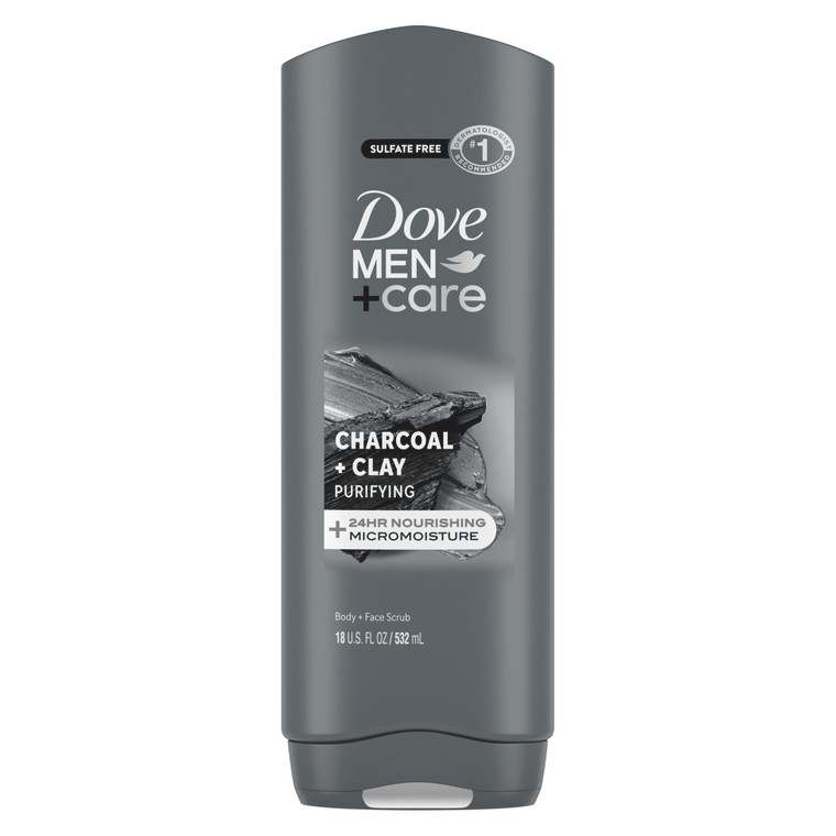 DOVE MEN + CARE Body and Face Wash 4 Count Purifying Charcoal + Clay Body Wash for Men with 24-Hour Nourishing Micromoisture Technology 18 oz