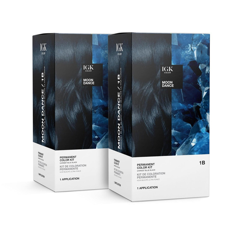 IGK Permanent Hair Dye Color Kit Set of Two | 1B Moon Dance - Darkest Blue Black | 100% Gray Color Coverage + Strengthen + Shine | Ammonia Free