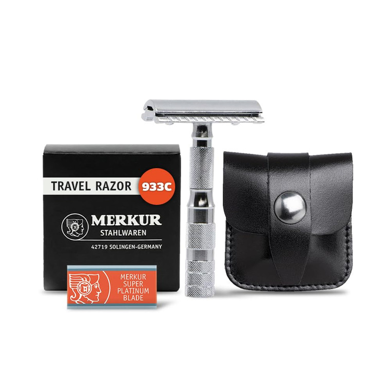 MERKUR 933C Travel Double Edge Safety Razor with Leather Case, Three-Piece Compact Design, Closed Comb, Bright Chrome Finish, Made in Germany