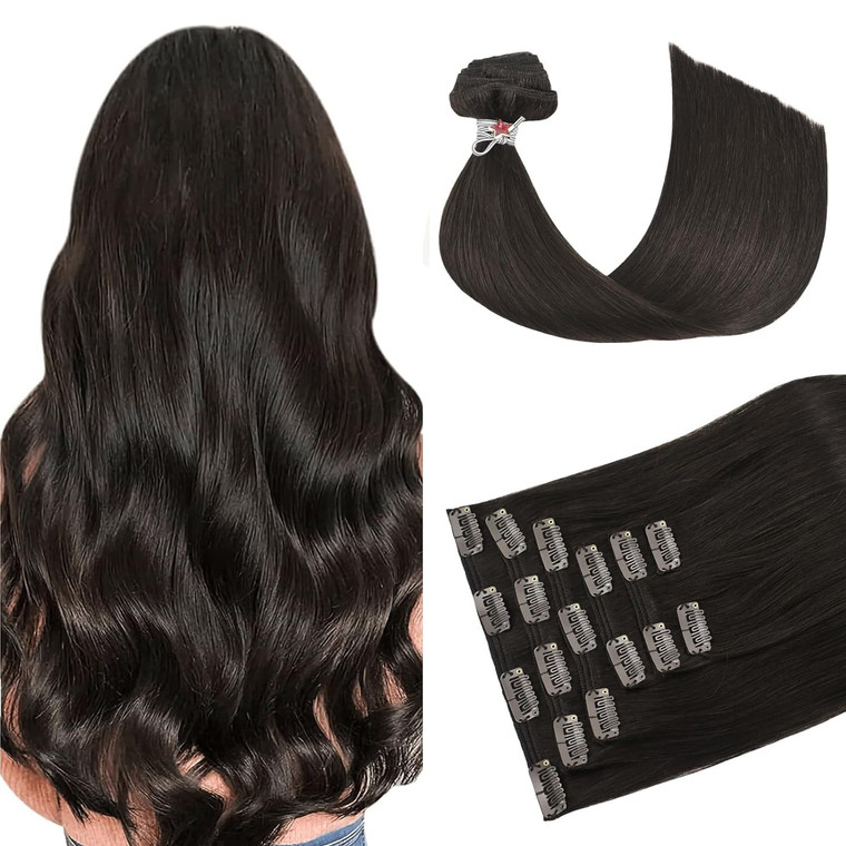 HUAYI Black Clip in Hair Extensions Real Human Hair 14 Inch 120g #1 Jet Black Clip ins Human Hair Natural Hair Extensions Clip in Full Head 7pcs