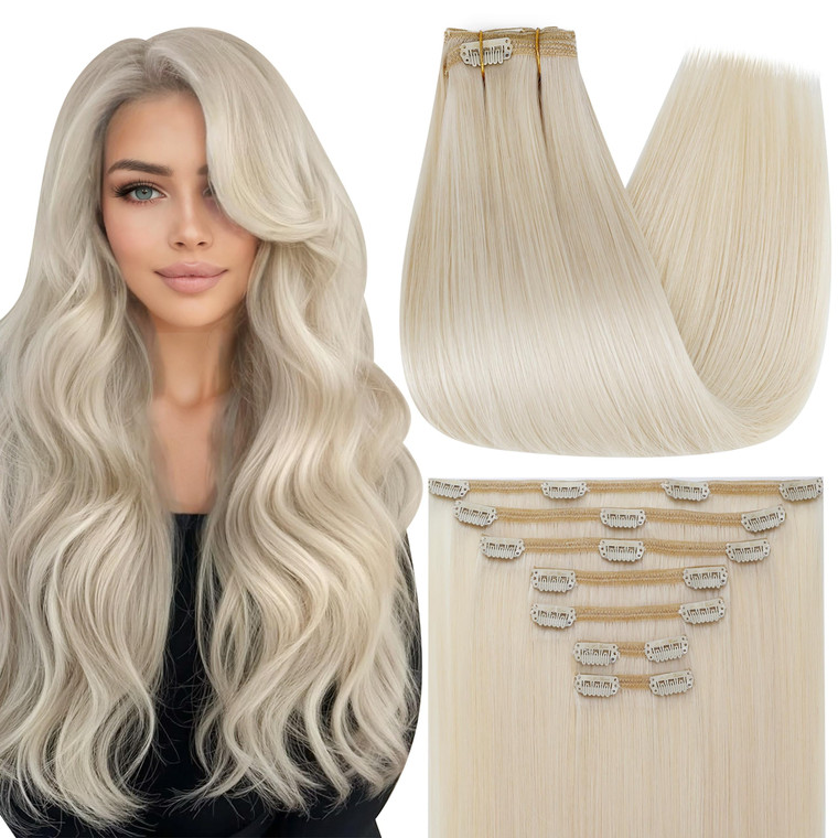 Full Shine Human Hair Extensions Clip ins Platinum Blonde Short Hair Extensions Real Human Hair Clip ins for A Bob Haircut for Diy 12 Inch 7 Pcs 95g