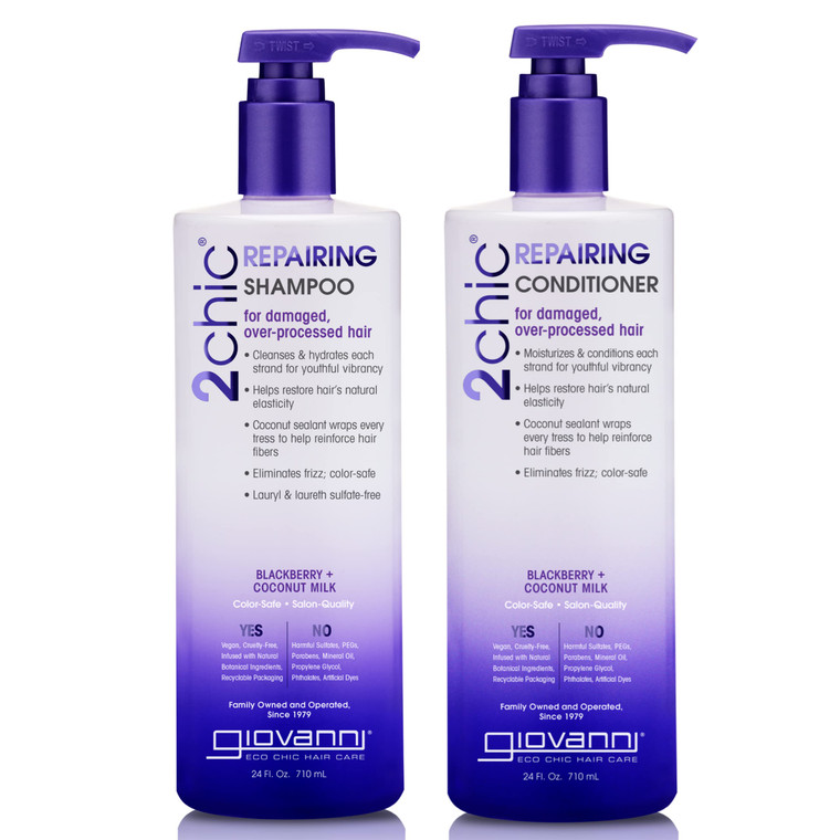 GIOVANNI 2chic Ultra-Repairing Shampoo & Conditioner Set - For Damaged, Over-Processed Hair, Helps Restore Hair's Natural Elasticity, Blackberry & Co