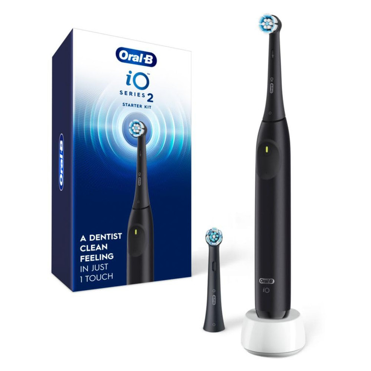 Oral-B iO Series 2 Rechargeable Electric Powered Toothbrush Starter Kit, Night Black with 2 Brush Heads - Automatic Pressure Sensor to Protect Gums -