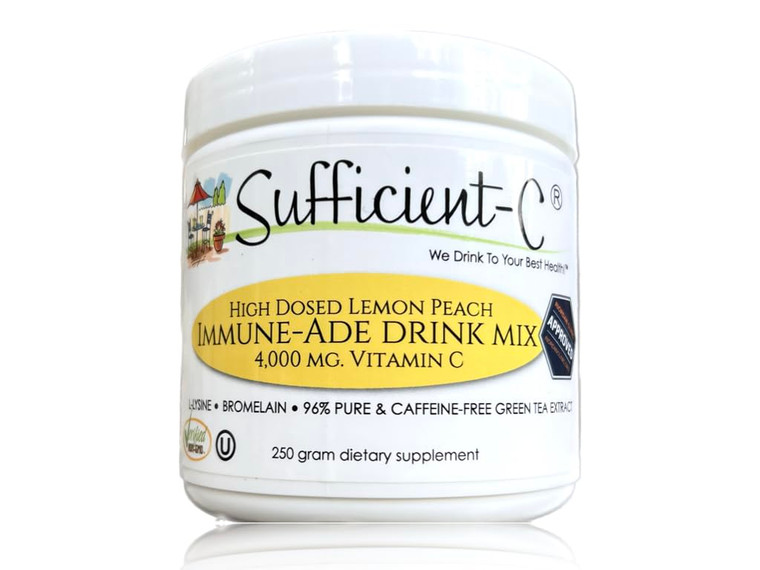 Sufficient-C High-Dosed 4000 mg. Vitamin C Lemon Peach Immune-Ade Drink Mix 250 gram Size - Refreshing with Generously Dosed L-lysine, Bromelain & 96
