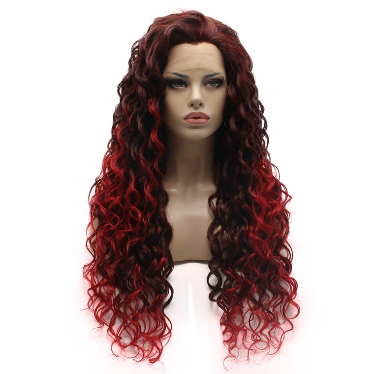 Lushy Hair Stylish Long Kinky Curly Auburn Root Red Ombre Wig Heavy Density Realistic Synthetic Lace Front Wig