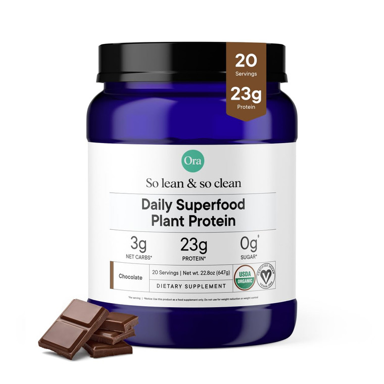 Ora Organic Vegan Protein Powder - 23g Plant Protein for Women and Men - Chocolate Flavor 20 Servings, Bloat-Free, Gluten Free, Non-GMO, No Artificia