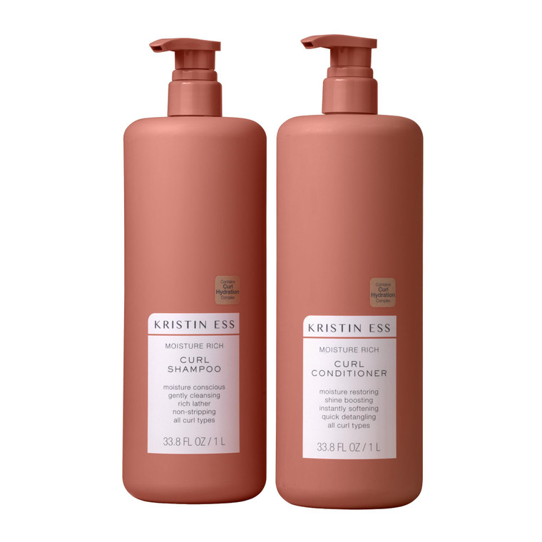 Kristin Ess Hair Curl Shampoo and Conditioner Set for Curly Hair - Moisturizing, Anti Frizz, Silicone Free Shampoo and Conditioner - 1 Liter - 2A-4C