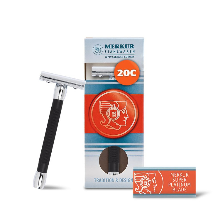 MERKUR 20C Double Edge Safety Razor, Long Handle, Black Anodized Aluminum & Bright Chrome Finish, Three-Piece Design, Closed Comb Straight Bar, Made