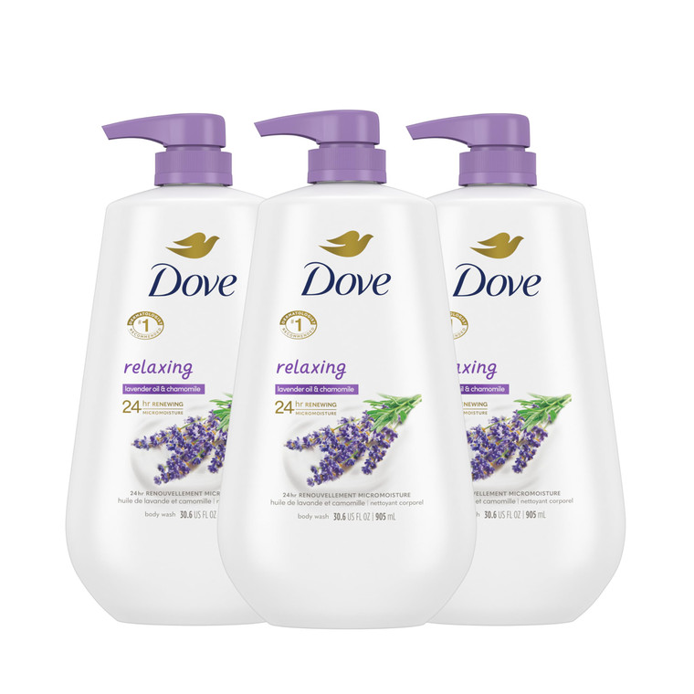 Dove Body Wash with Pump Relaxing Lavender Oil & Chamomile 3 Count for Renewed, Healthy-Looking Skin Gentle Skin Cleanser with 24hr Renewing MicroMoi