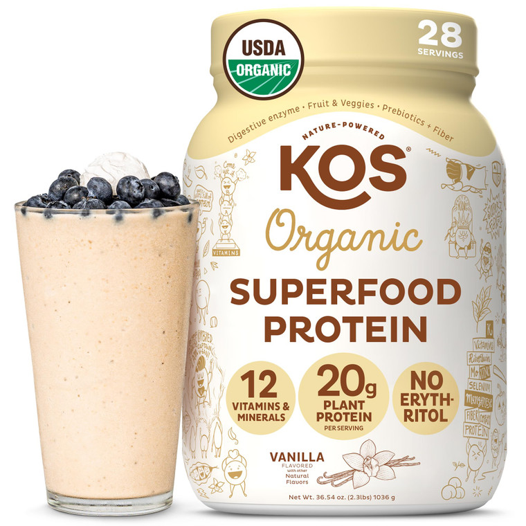 KOS Vegan Protein Powder Erythritol Free, Vanilla USDA Organic - Pea Protein Blend, Plant Based Superfood Rich in Vitamins & Minerals - Keto, Dairy F