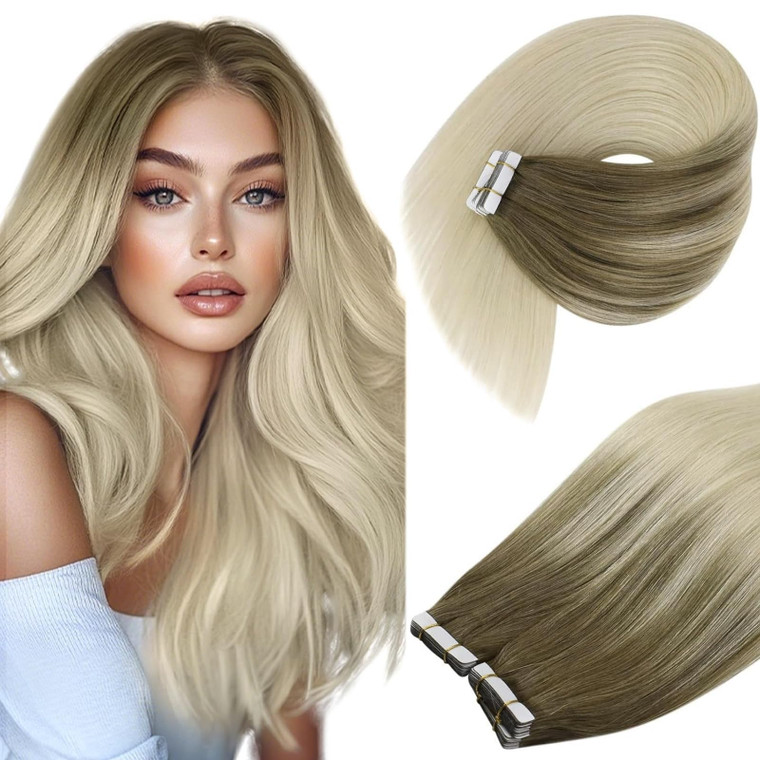 Ve Sunny Hair Extensions Tape in 16inch Tape in Human Hair Extensions Light Brown Ombre Platinum Blonde Tape Extensions Human Hair Invisible Natural