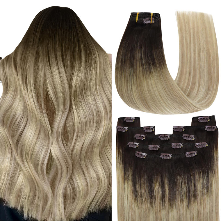 YoungSee 120G Clip in Human Hair Extensions Ombre Real Human Hair Extensions Clip ins Medium Brown Ombre Golden Mix Platinum Blonde Balayage Clip on