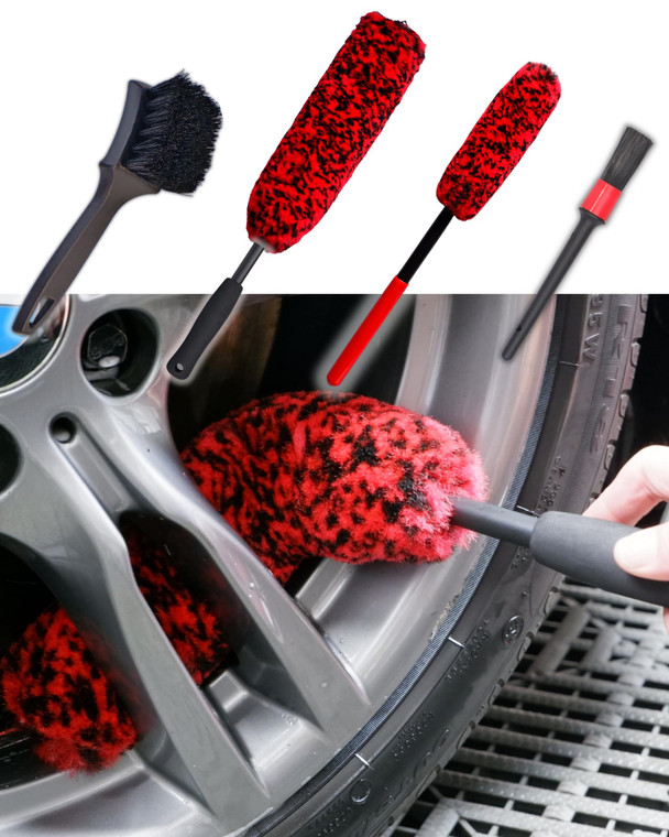 oesee Professional 4 Pack Long Handle Wheel Brush Kit for Cleaning Wheel and Tire- 2X Soft Wheel Cleaning Brush, Detailing Brush and Stiff Tire Brush