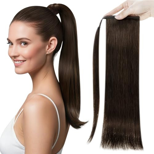 Full Shine Human Ponytail Extension Darkest Brown Ponytail Clip on Hair Extension Remy Straight Brazilian 16 Inch 80g