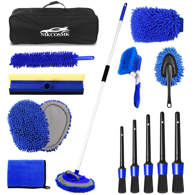 62'' Car Wash Brush Kit Mitt Mop Sponge with Long Handle, 1 Chenille Scratch-Free Replacement Head, Windshield Window Squeegee,Car Duster,Car Detaili