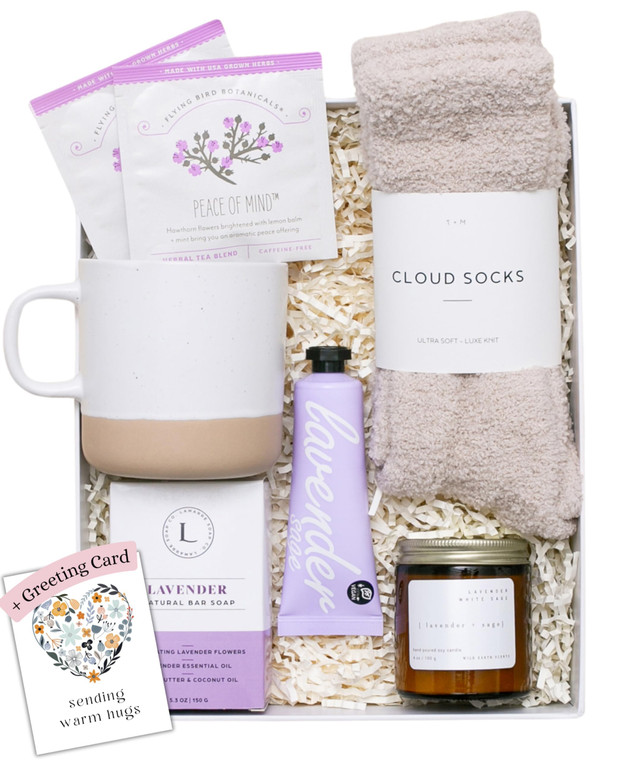 Unboxme Lavender Spa Gift Basket for Women - USA Made Self Care Package with Aromatherapy Candle, Bath Bomb, Tea & Mug - Relaxation Gifts for Birthda