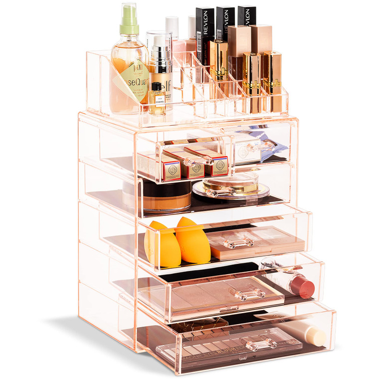 Sorbus Acrylic Makeup Organizer Set, 6-Drawer Vanity & Countertop Cosmetic Storage with Small & Wide Compartments, Pink Makeup Storage for Brushes, J